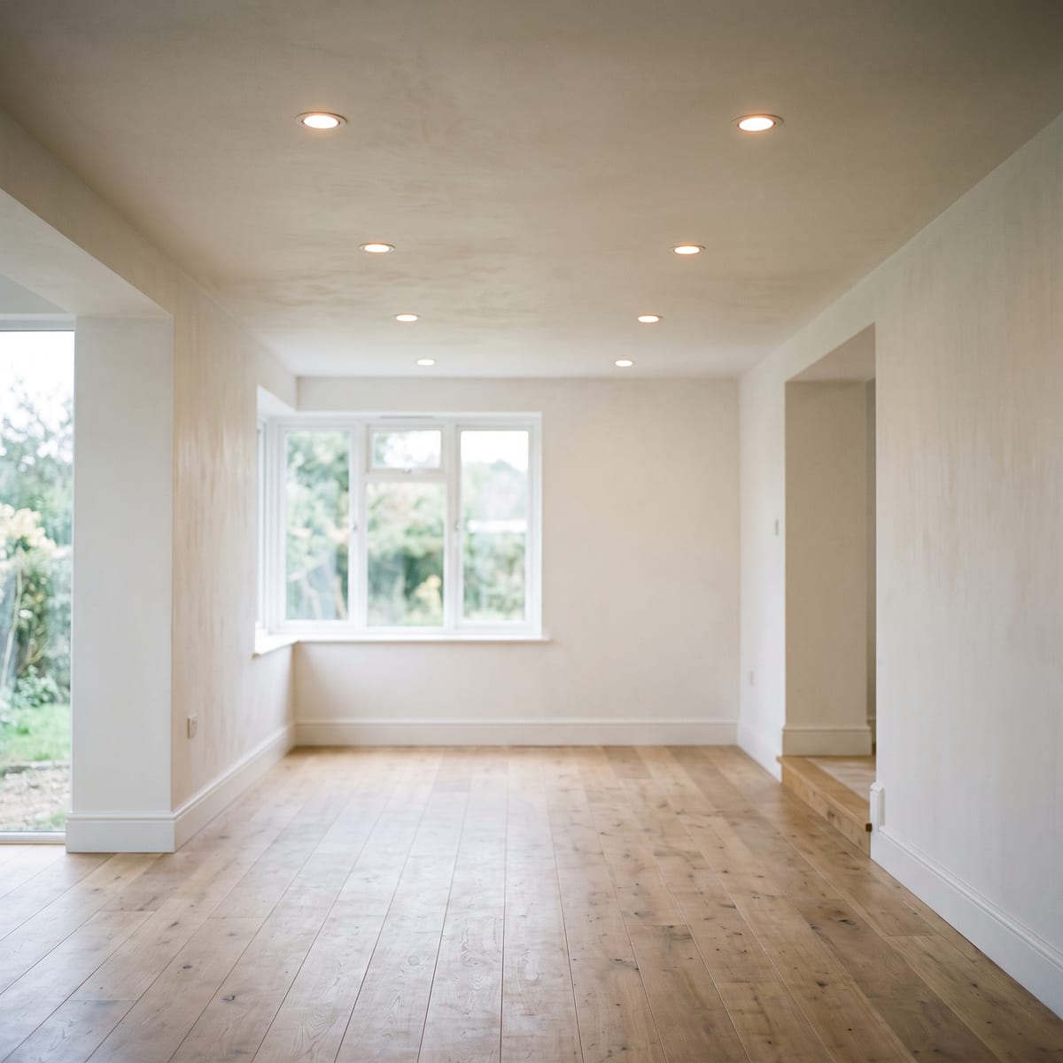 An empty room with a grid of evenly spaced recessed ceiling lights over an oak floor