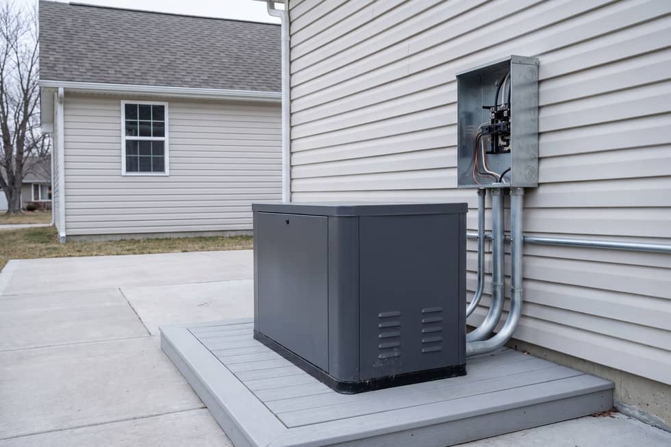 Standby generator on a pad beside a house with conduit run neatly to a transfer switch