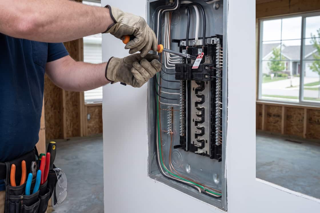 Gloved hands working in an open panel with the main off, insulated tools in use