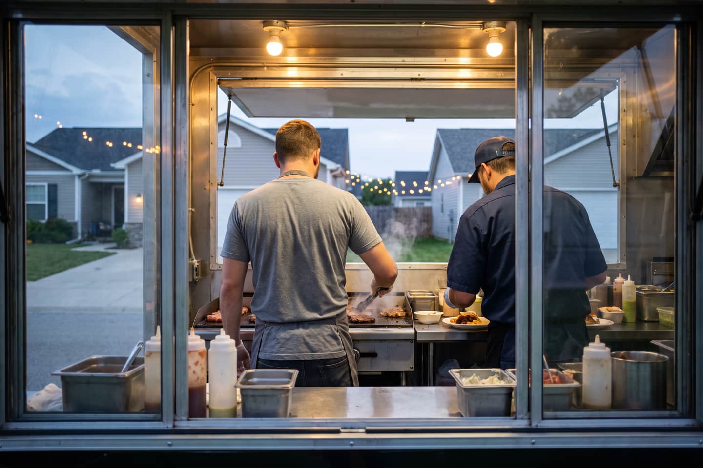 Two cooks working the service line inside a truck, seen from behind through the window