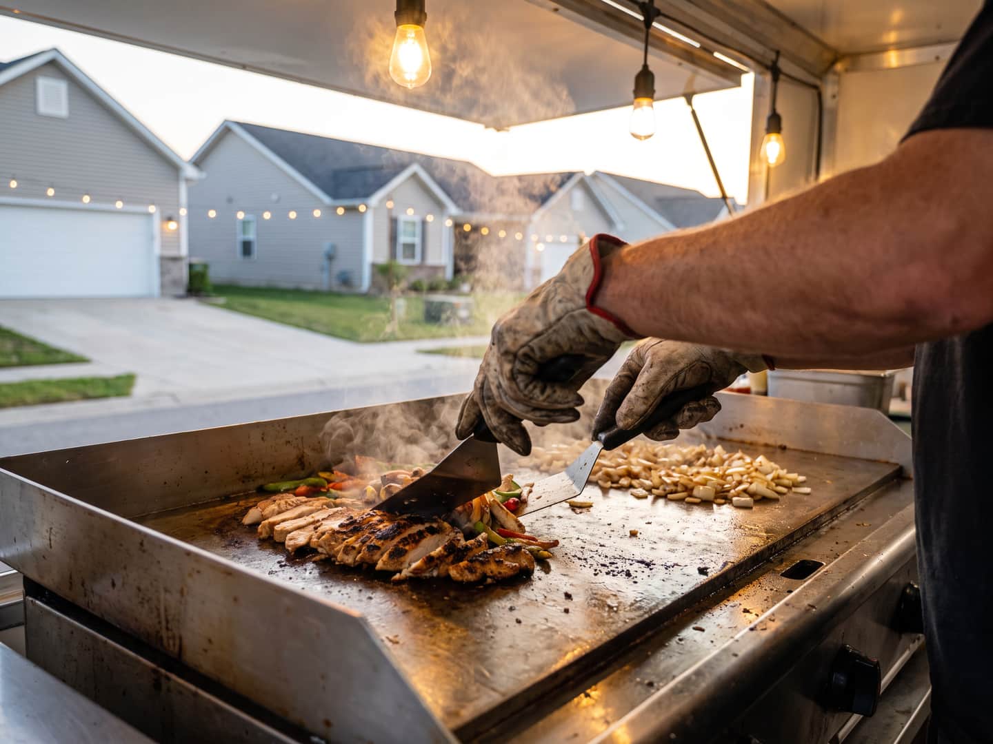 Flat-top griddle mid-service, protein searing to a crust with onions caramelising alongside