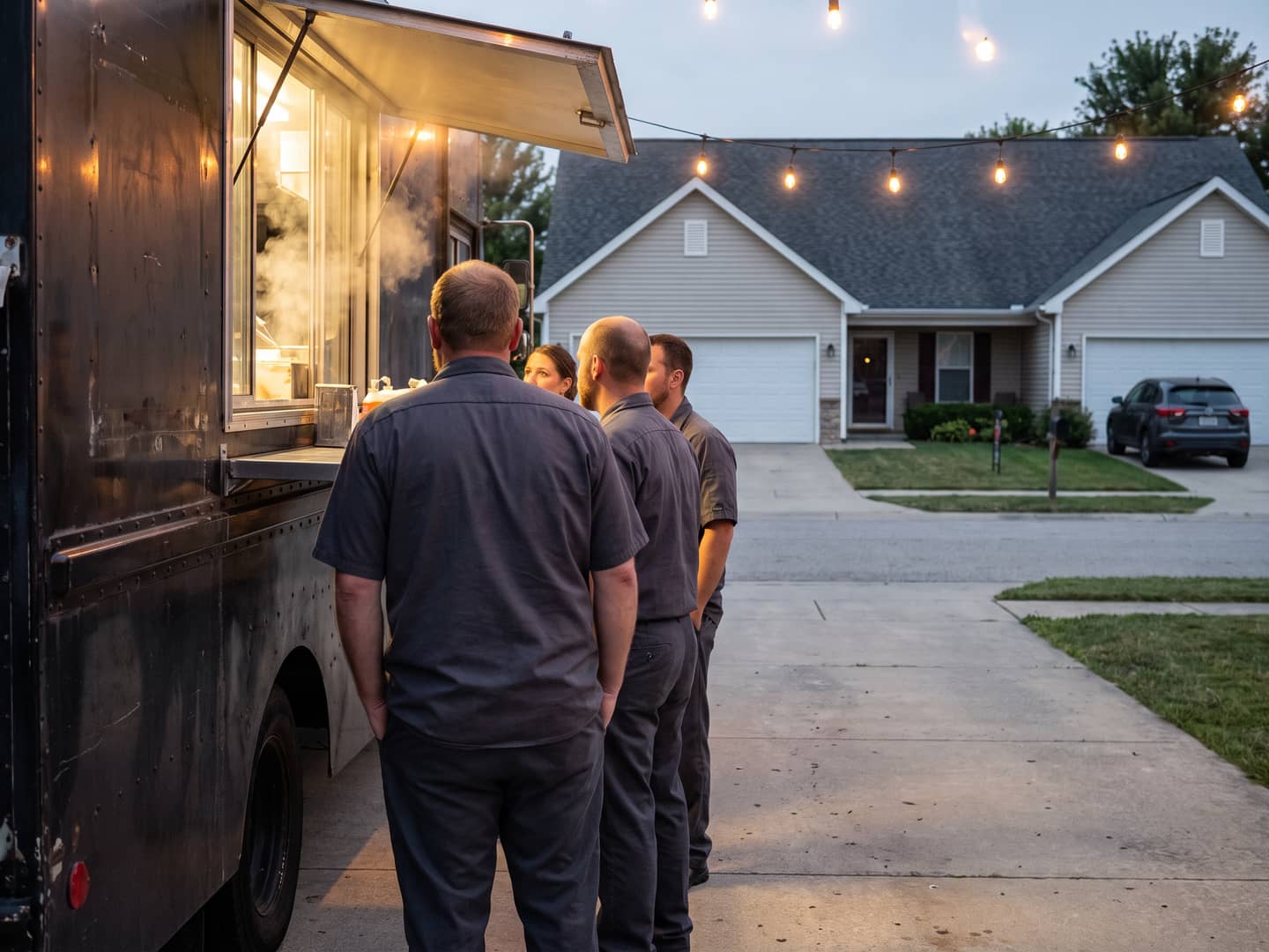 Short relaxed queue beside a food truck at dusk, seen from behind under warm window light