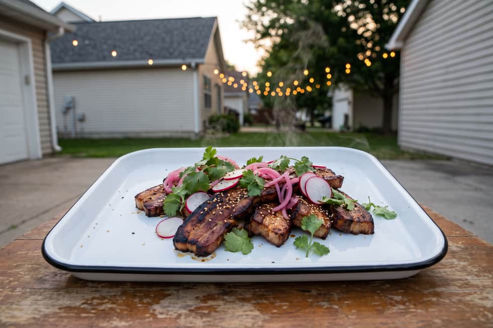Signature platter of sliced charred protein with herbs and pickled onion on a plain tray