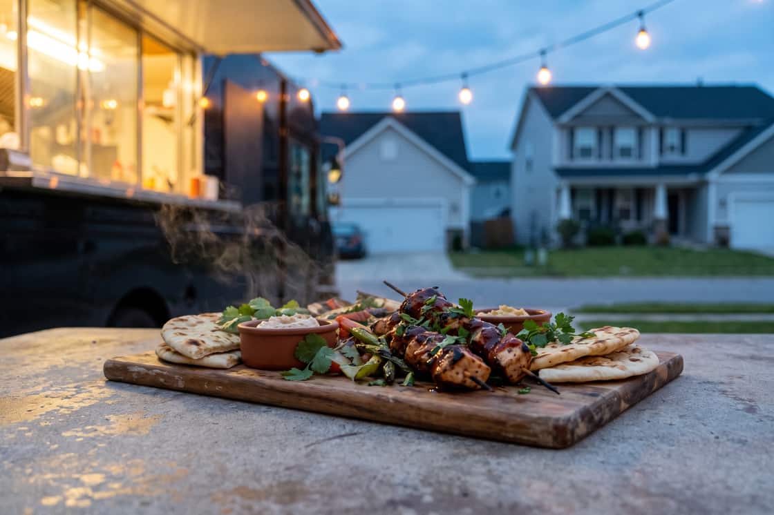 Shareable board of skewers and flatbread scattered with fresh herbs