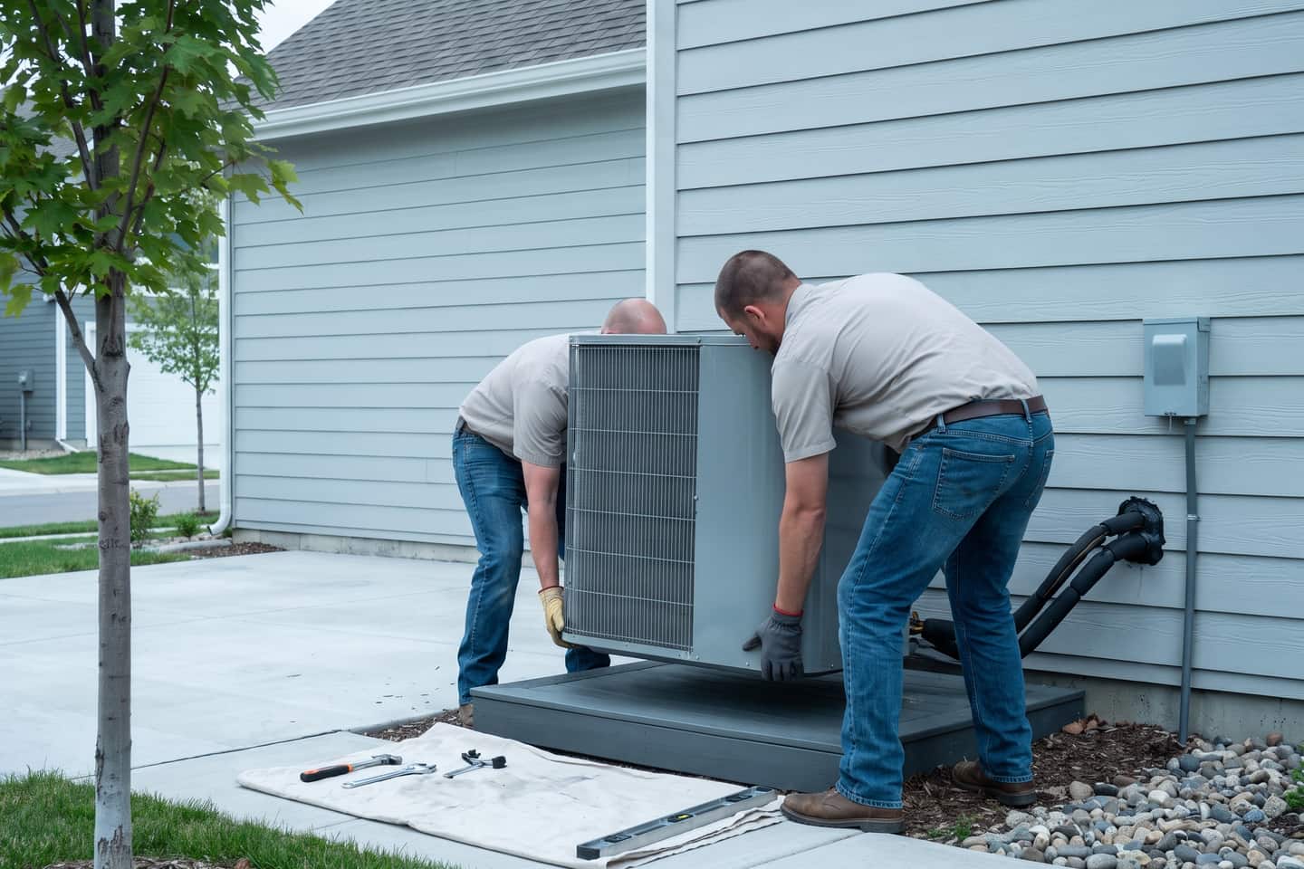 Two technicians lowering a condensing unit onto its pad with correct lifting posture
