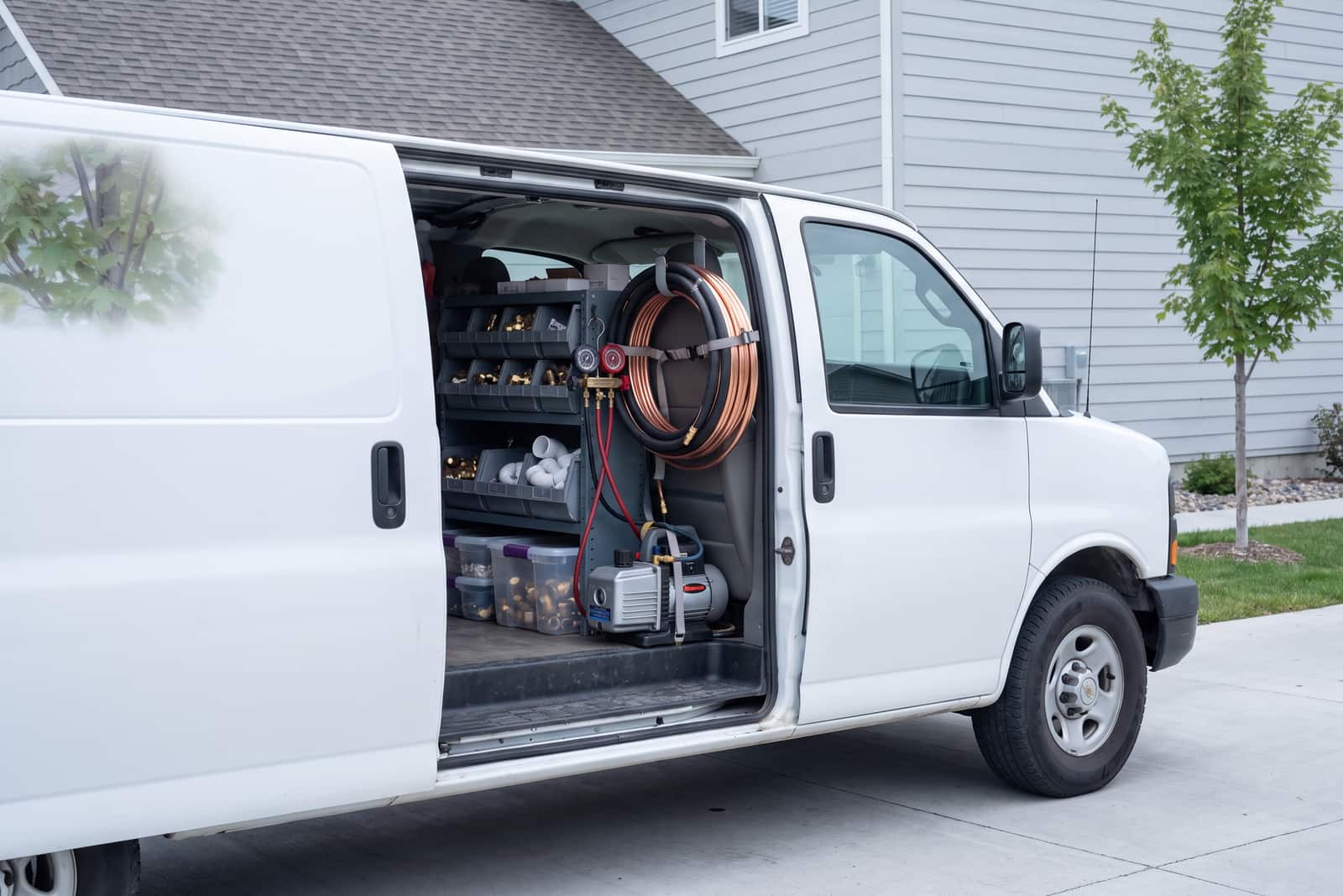Open service van door showing organized bins of fittings, coiled line set and a vacuum pump