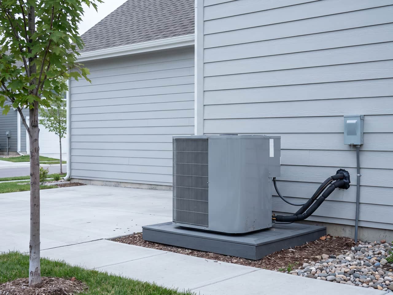 New outdoor condensing unit on a level pad, refrigerant line set insulated and sealed at the wall