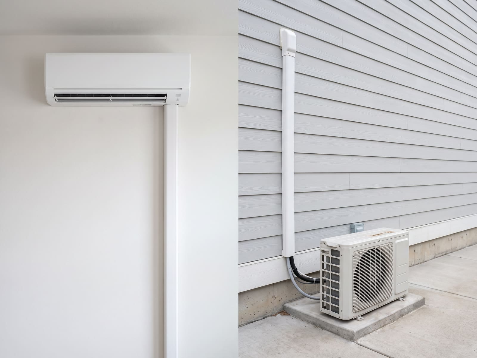 Wall-mounted ductless head installed level, with the line-set cover run straight down outside