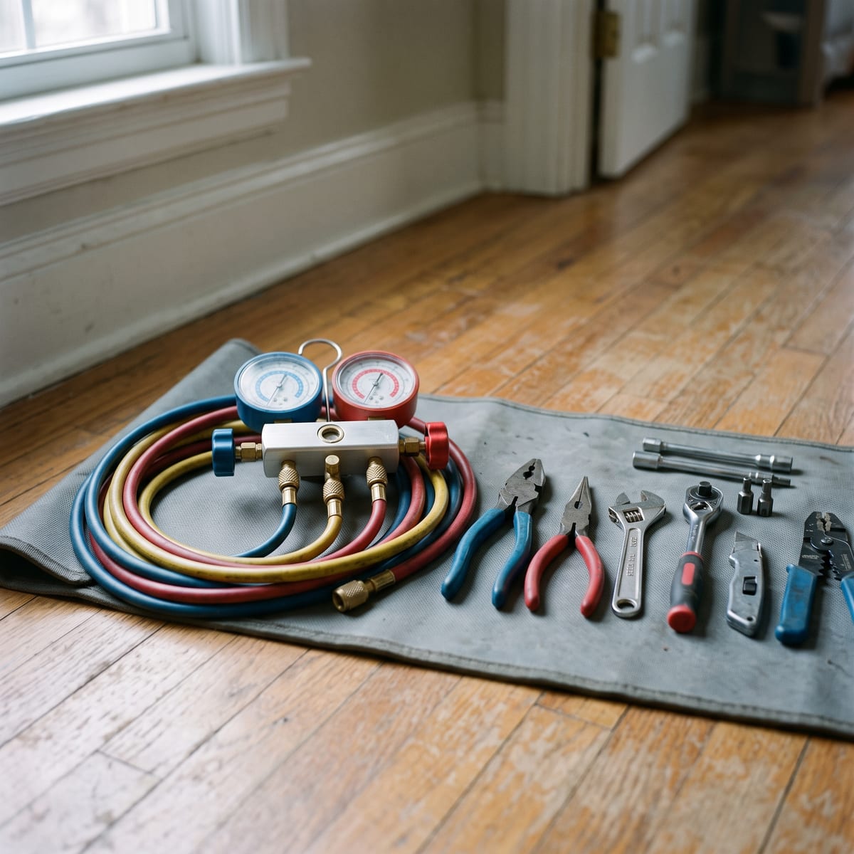 A manifold gauge set with colored hoses, wrenches and pliers on a mat on a wood floor