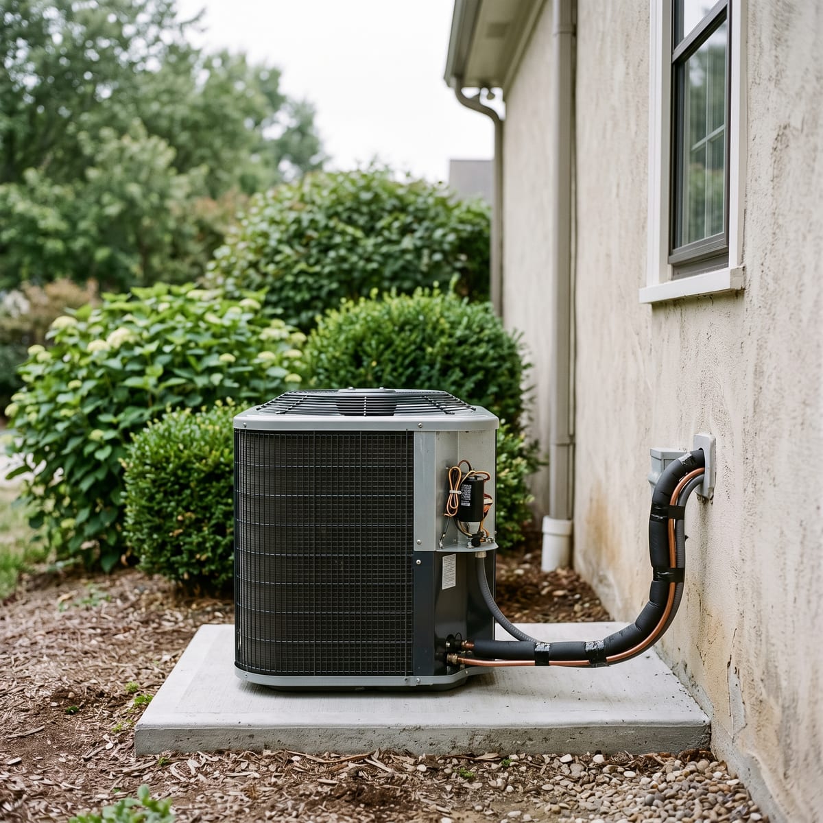 An outdoor condenser unit squared on a pad beside a stucco wall with an insulated line set