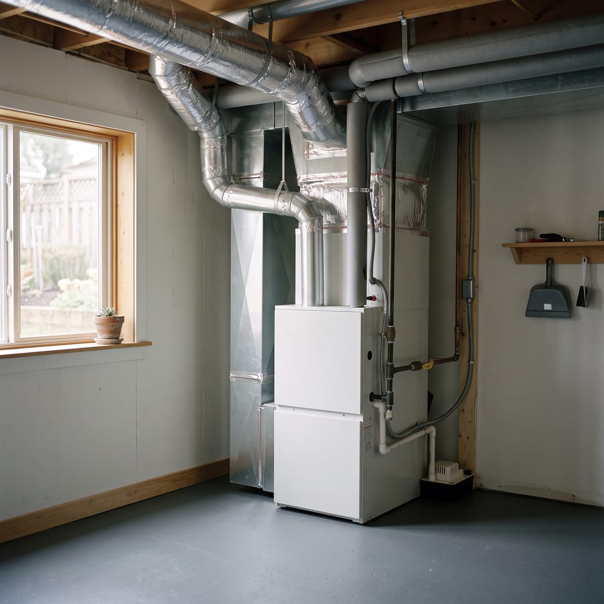 A basement furnace with a spiral duct trunk overhead in a clean, empty utility space