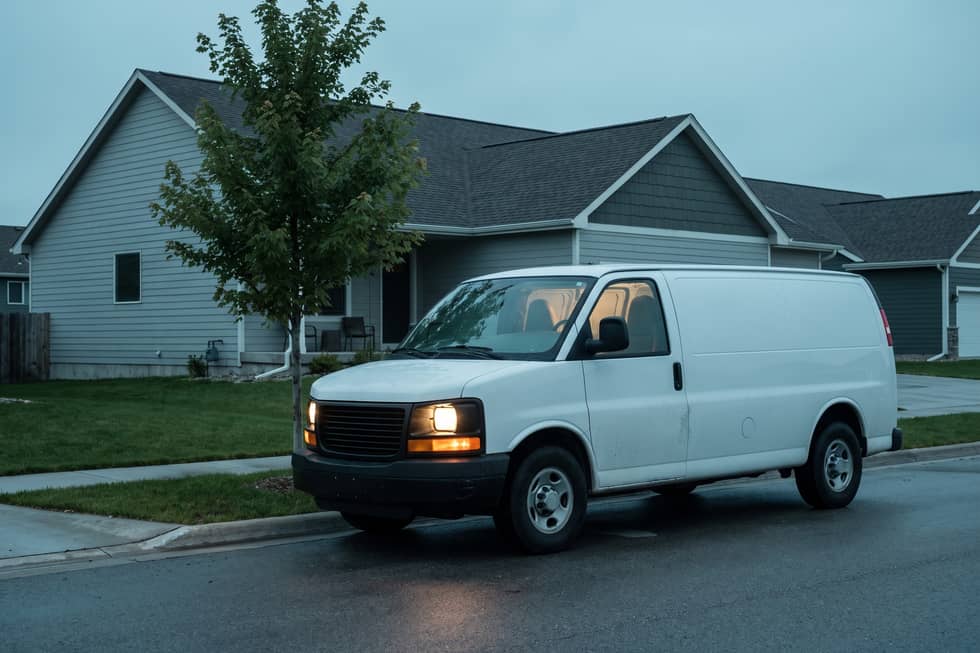 Service van at a suburban curb at dusk with headlights and cabin light on