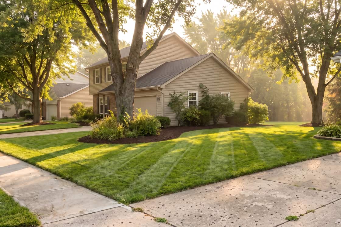 The same planting after renovation, shrubs pruned back and fresh mulch laid
