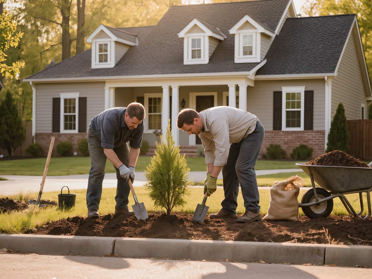 Two-man crew planting an evergreen shrub in a curb-side bed at golden hour, mulch wheelbarrow at hand