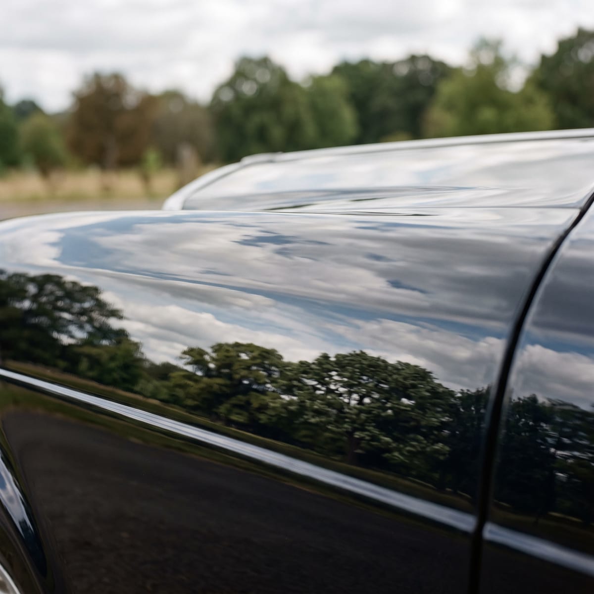 Close view of a black car flank after polishing, reflecting bare trees and open sky