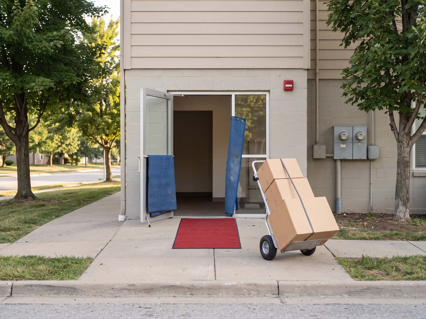 Apartment building entrance with a loaded hand truck waiting at the open lobby door