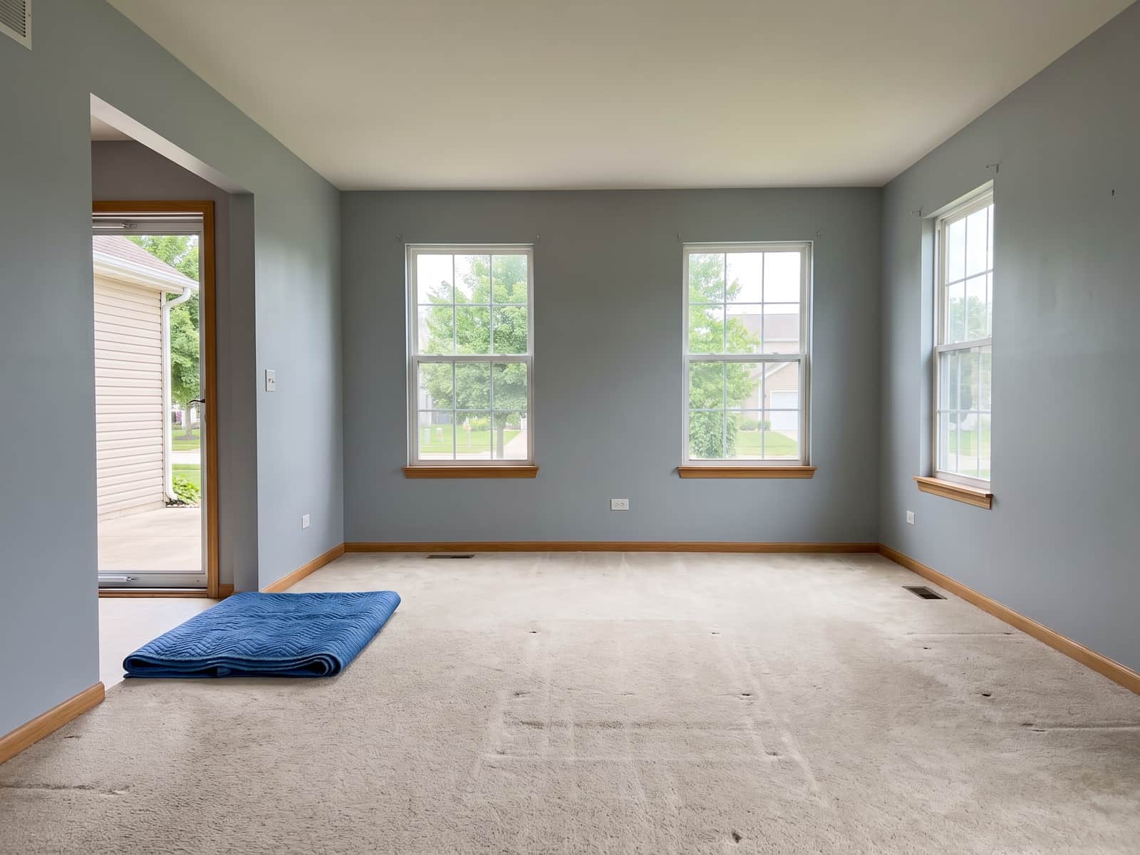 Emptied living room after a move, furniture impressions in the carpet and a folded blanket by the door