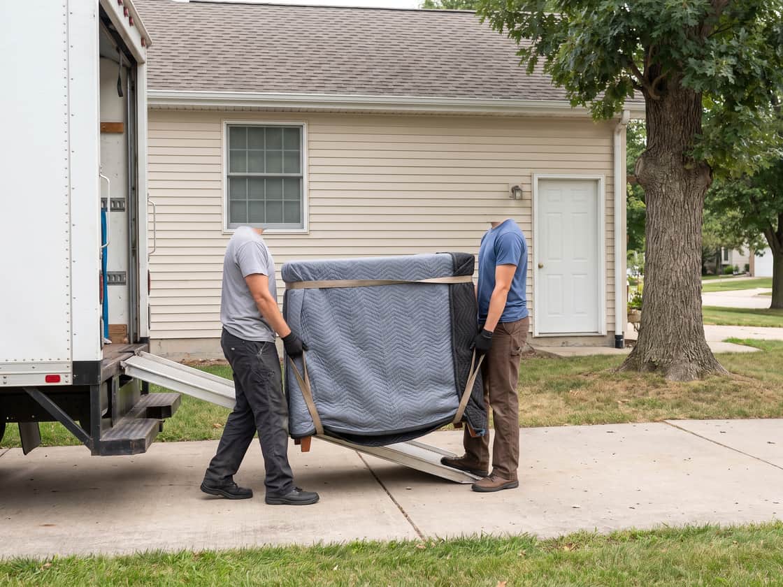 Two movers carrying a blanket-wrapped dresser down a front path to an open truck ramp