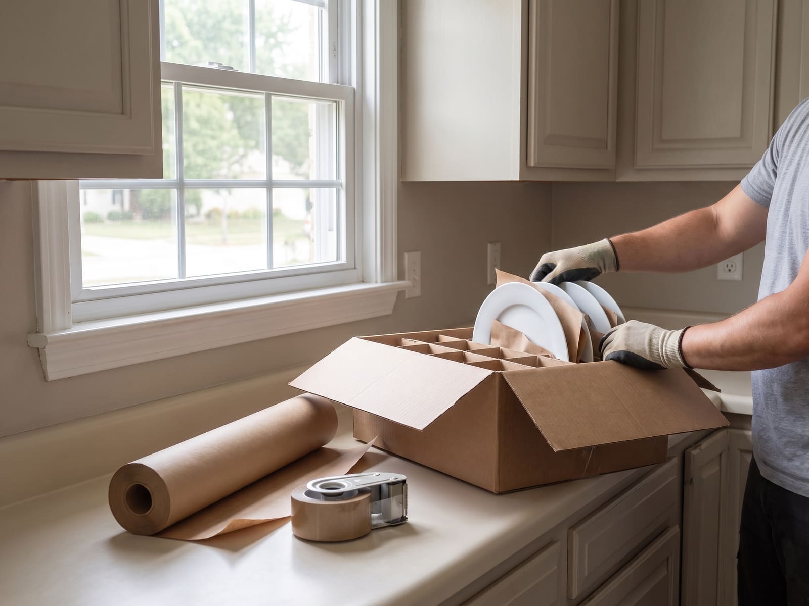 Plates packed upright in a dish box with paper between them, tape gun and paper roll alongside