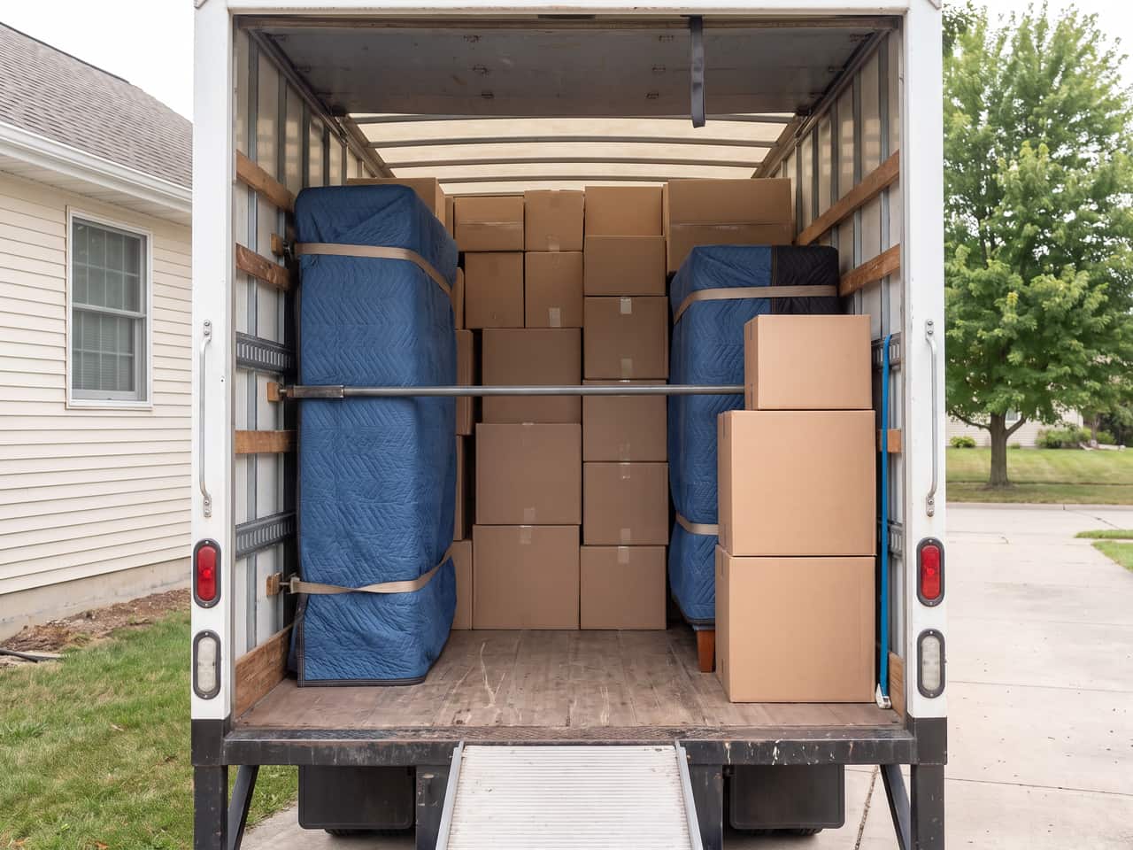 Moving truck loaded tight, blanket-wrapped furniture strapped above evenly stacked boxes