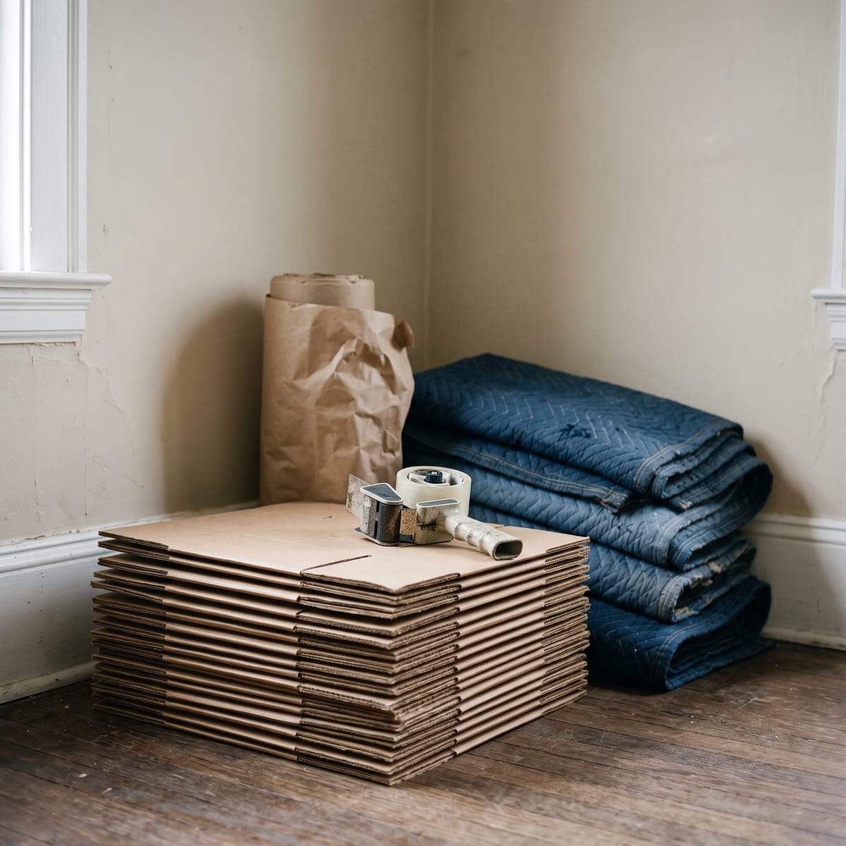 Stacked flat cartons, folded blue moving blankets, tape and packing paper in an empty room corner