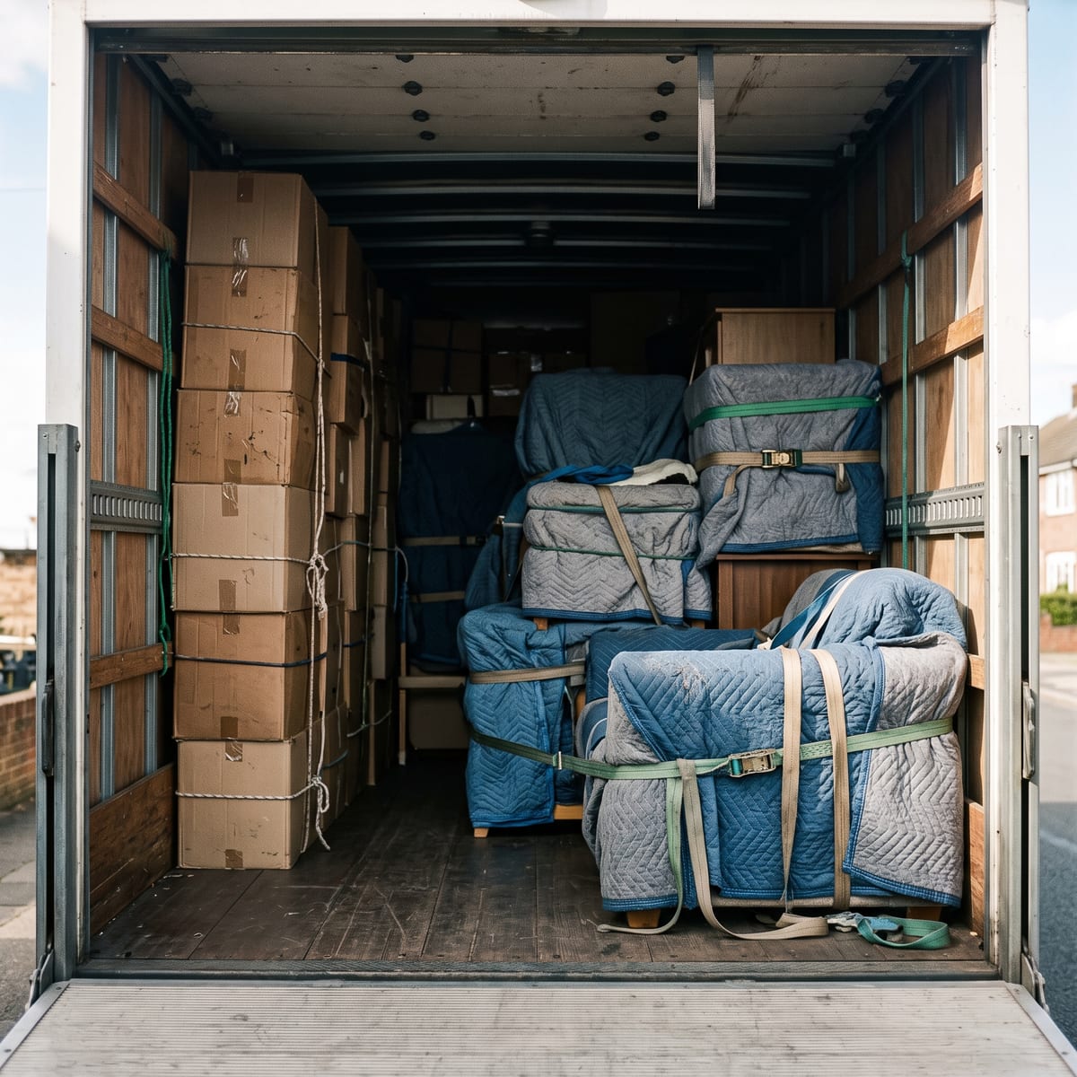 The cargo box of a loaded moving truck, cartons stacked square and furniture strapped in blankets