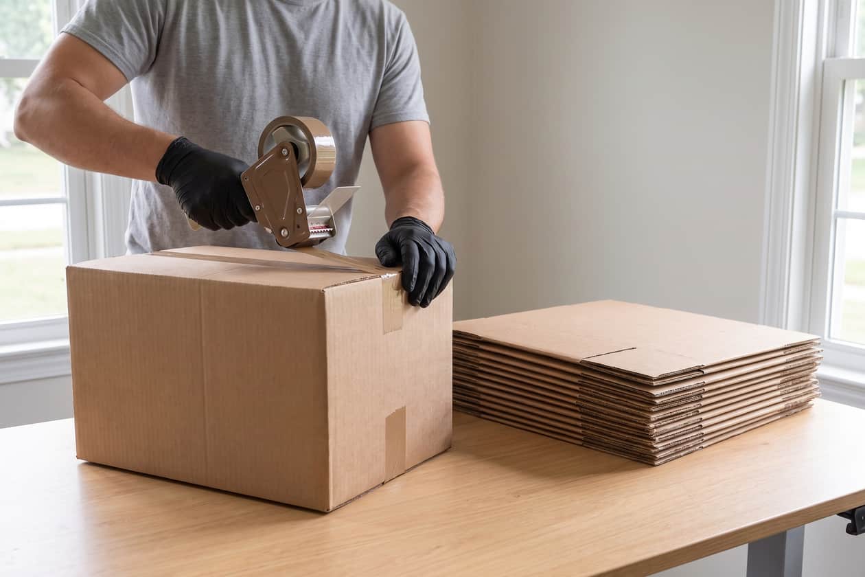 Gloved hands taping the seam of a moving box beside a stack of flat boxes