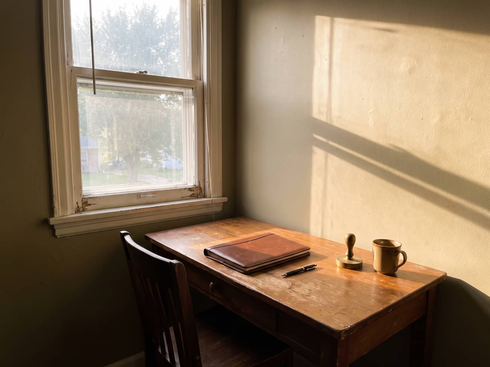 Home-office desk by a window in late afternoon with a closed folio, a pen and a plain hand seal squared to the edge