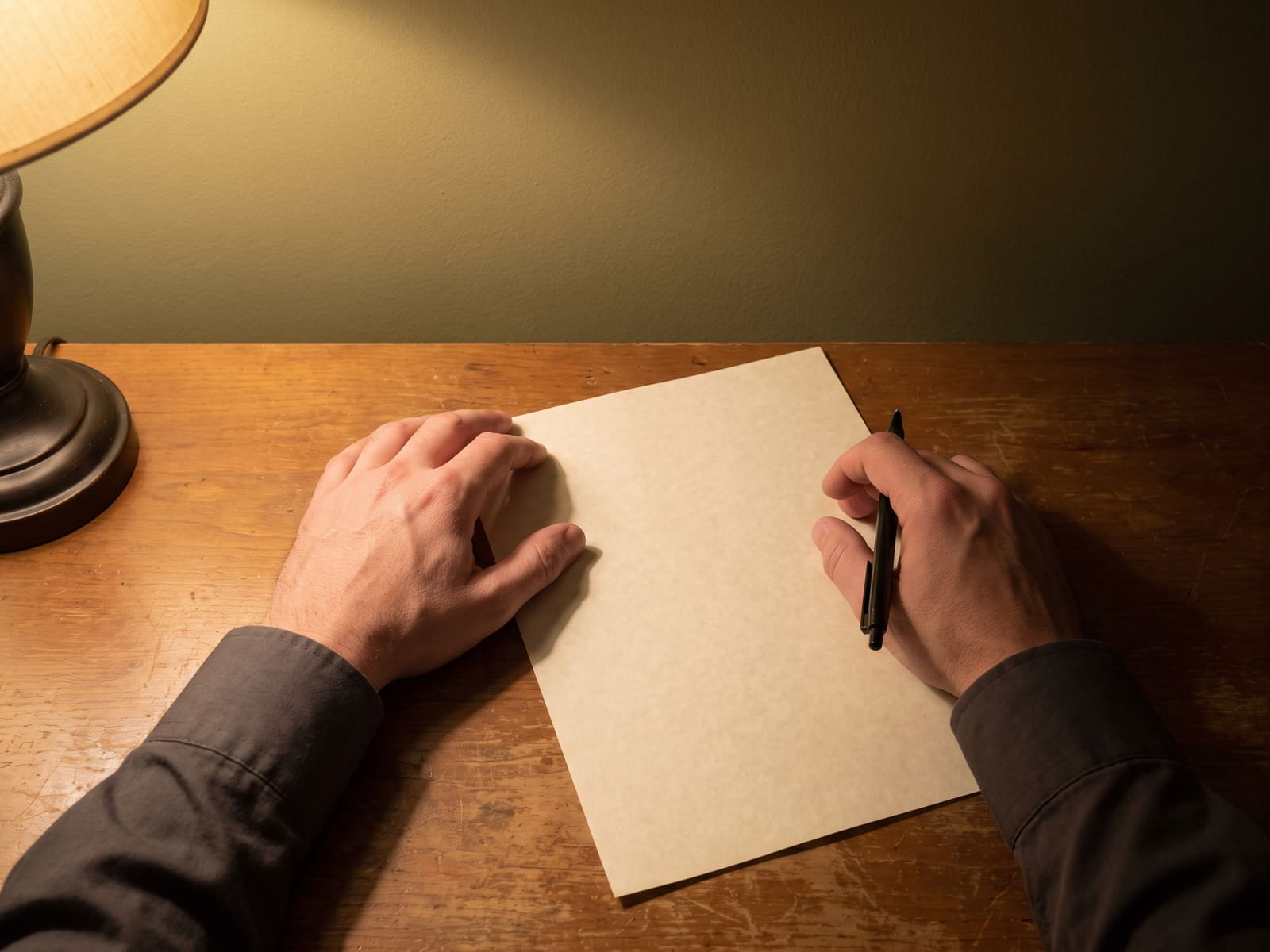 Two hands at a wooden table under lamplight, one steadying a blank sheet while the other holds a pen