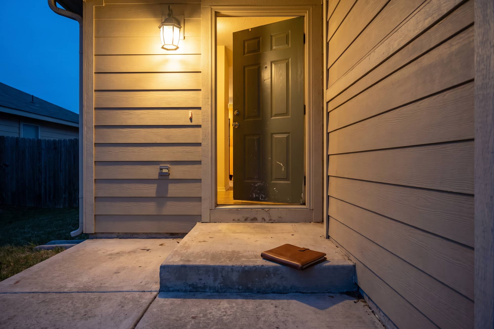 Front porch of a suburban house at dusk, porch light on and door ajar, a document folio set down on the step