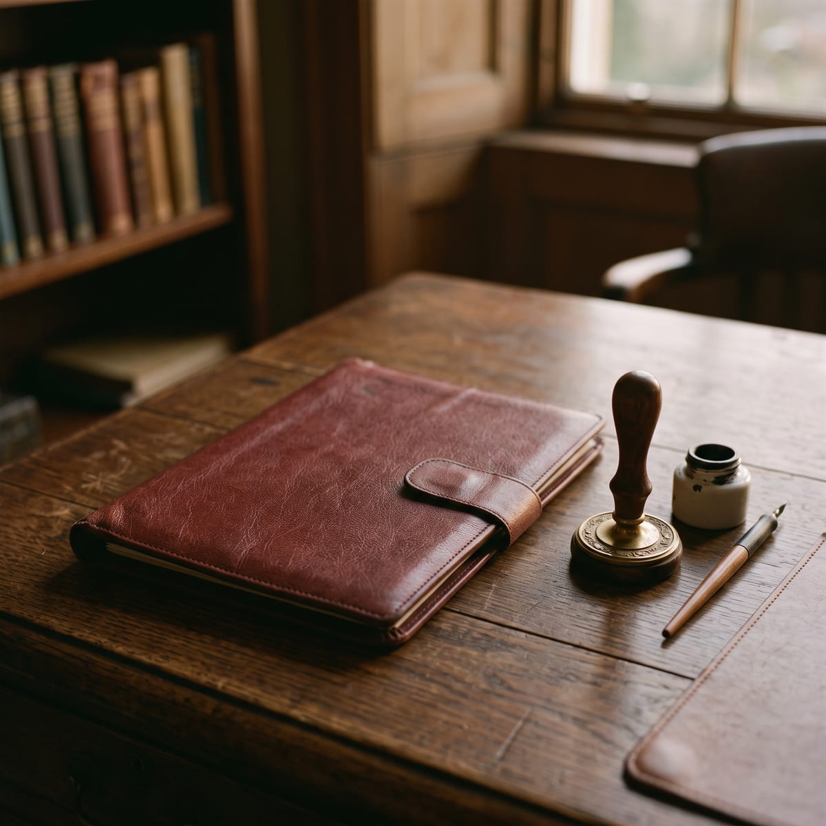 A closed oxblood leather folio, brass handle seal and inkpot on a desk, bookshelves behind