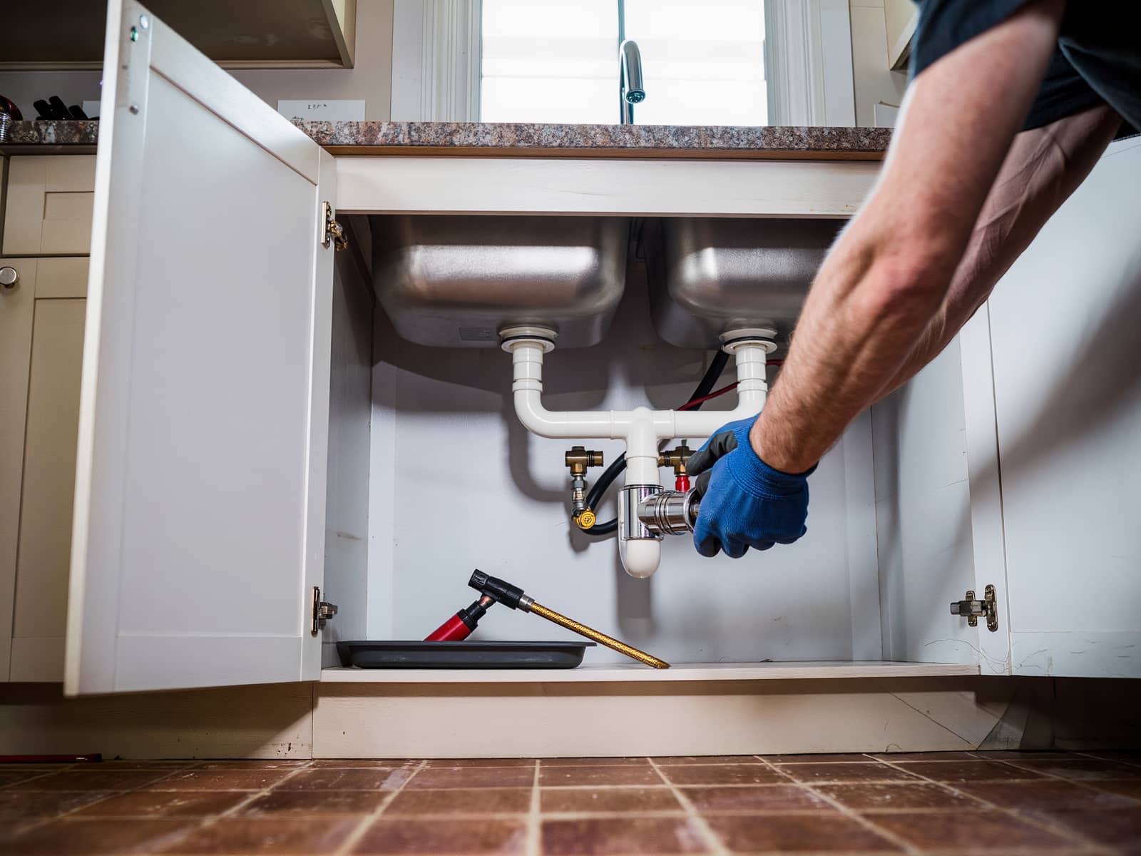Plumber's gloved hands at the P-trap under a double-bowl kitchen sink, cabinet doors open and a drip pan below