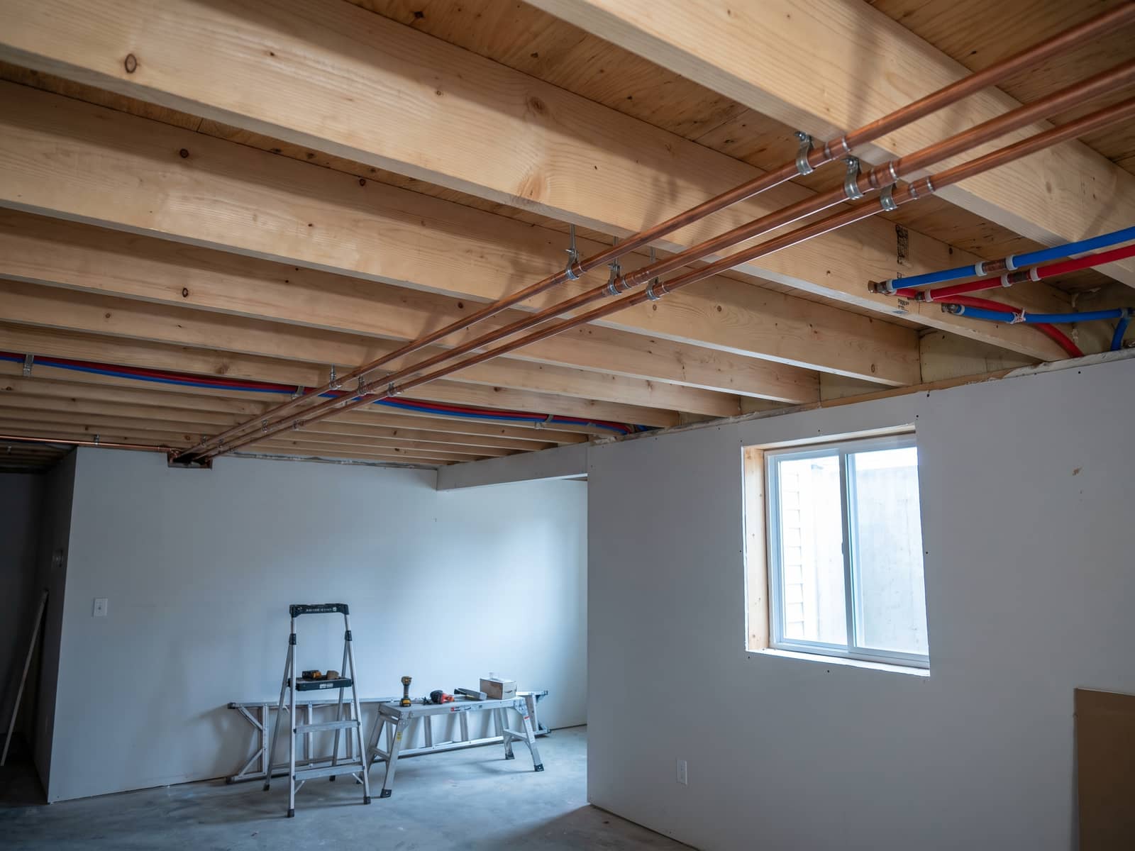 Finished repipe in open basement joists, copper and PEX runs straight and supported
