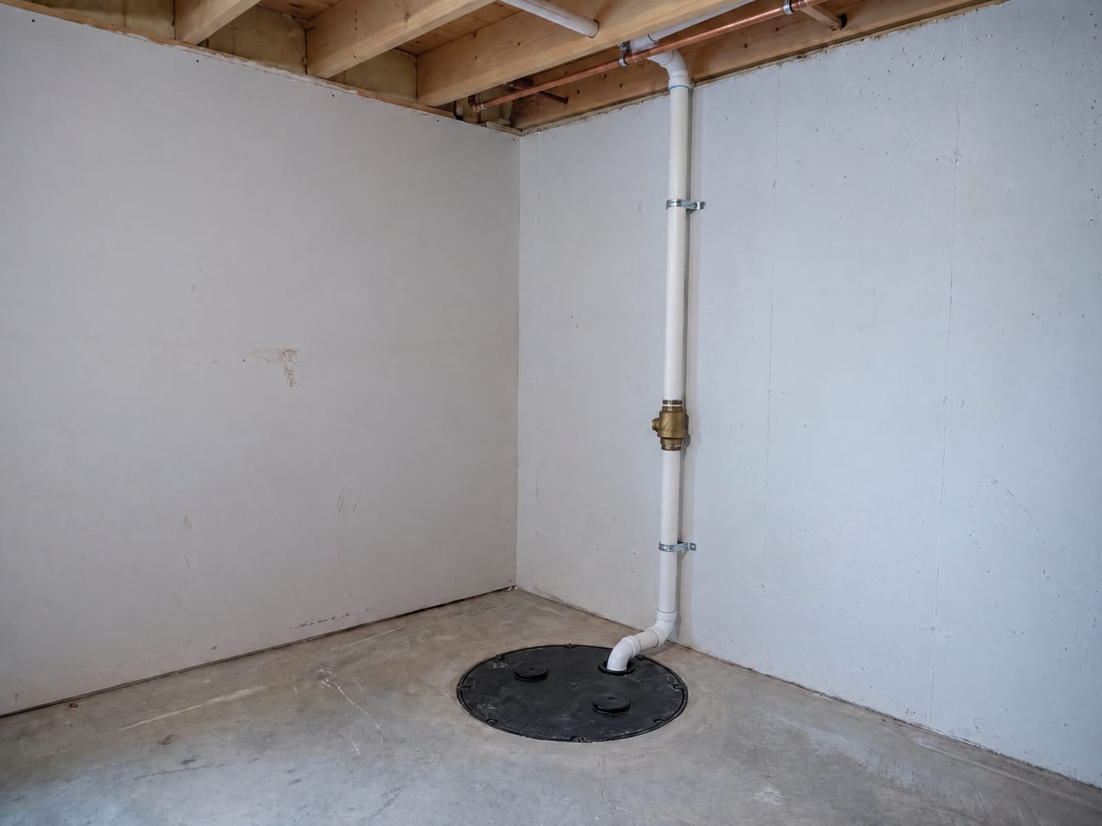 New sump pump pit with a sealed lid in a basement floor, white PVC discharge line strapped up the wall through a check valve