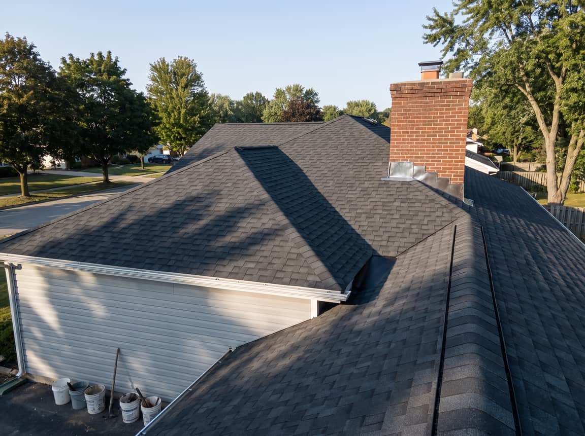 Finished dark gray shingle roof photographed from above, showing the closed valleys and the flashing around a brick chimney