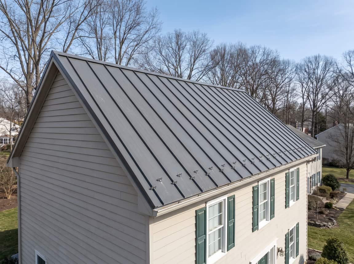 Gray standing seam metal roof on a two-story house, raised seams running evenly from ridge to eave