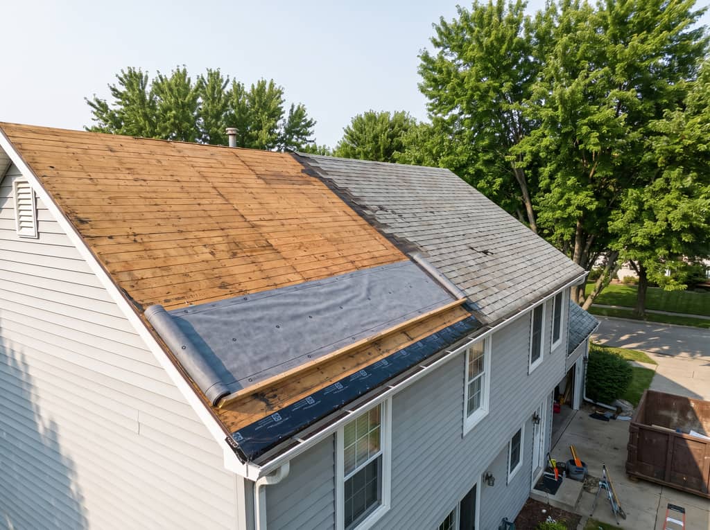 Re-roof mid tear-off, one slope stripped to bare decking with underlayment run along the eave and the old shingles still on the rest