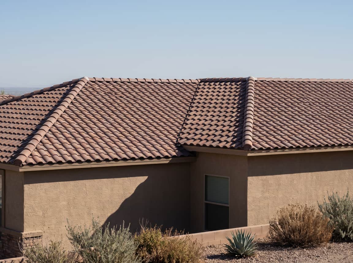 Barrel tile roof on a single-story stucco house, tile courses running true over a mortared hip