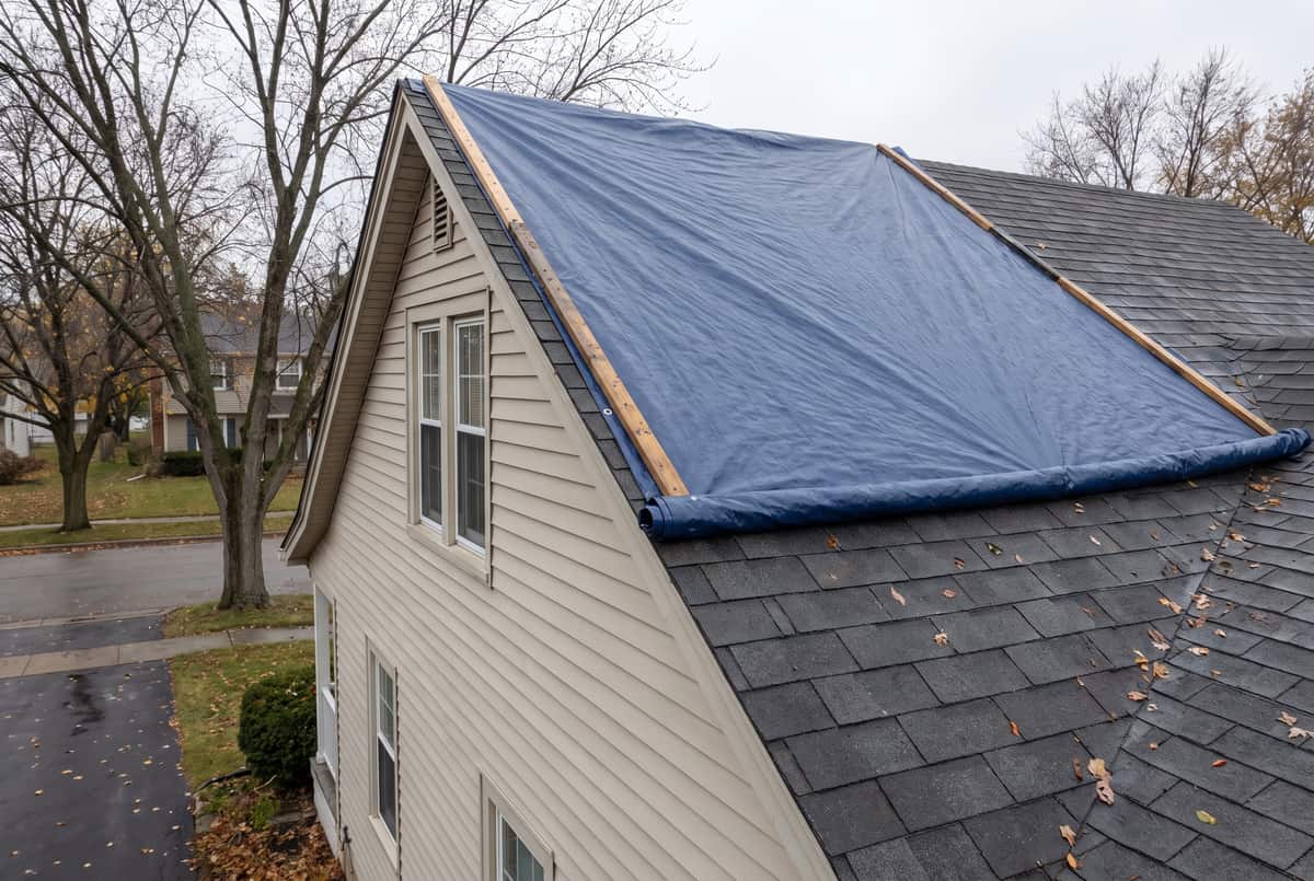 Blue emergency tarp drawn taut over a damaged roof slope and screwed down along wooden battens