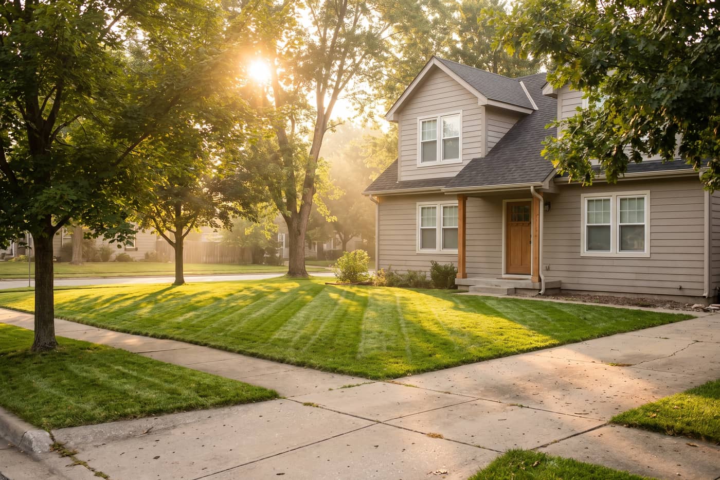 Freshly mowed lawn in front of a family home at golden hour
