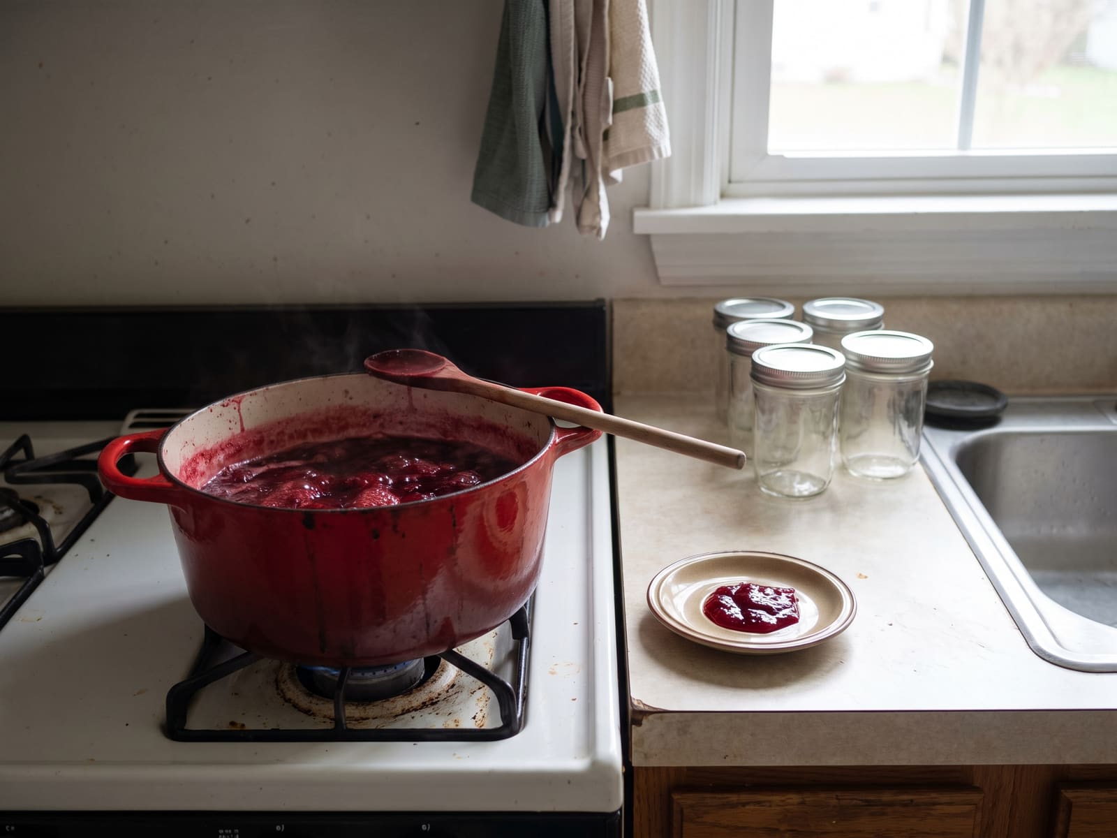 Cherry jam at a rolling boil in a red enamel pot on a white gas range, a wooden spoon across the rim and a spoonful set on a saucer beside empty jars