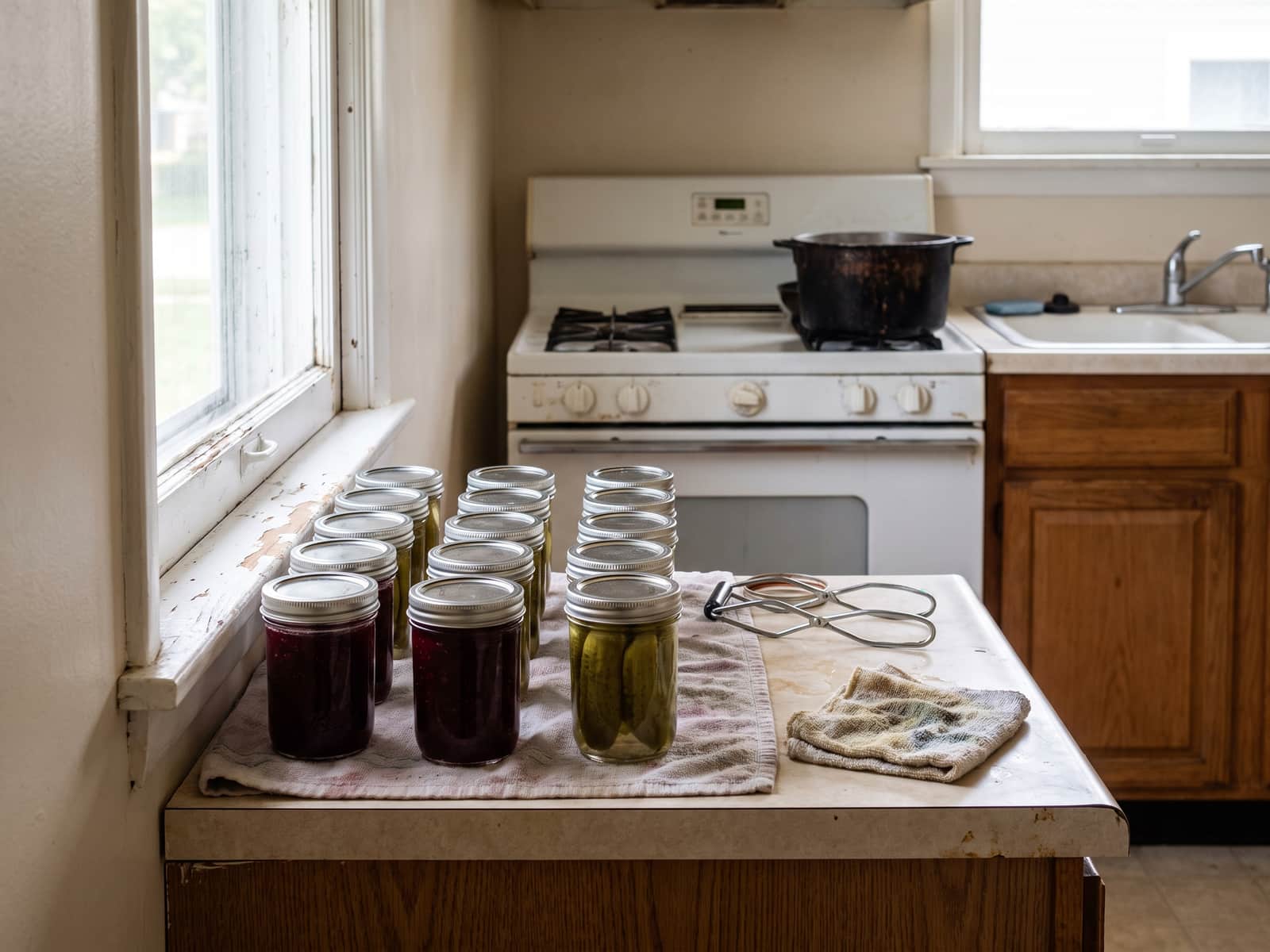 Rows of freshly sealed jars of jam and pickles cooling on a towel on the counter, a jar lifter and a damp cloth beside them