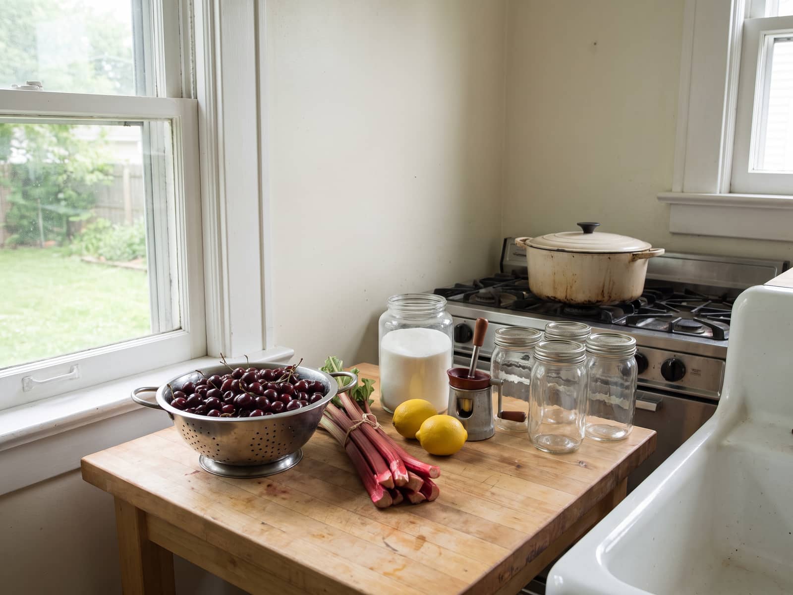 A colander of dark cherries, trimmed rhubarb tied with twine, two lemons, a jar of sugar and a cherry pitter on a butcher-block counter by the window