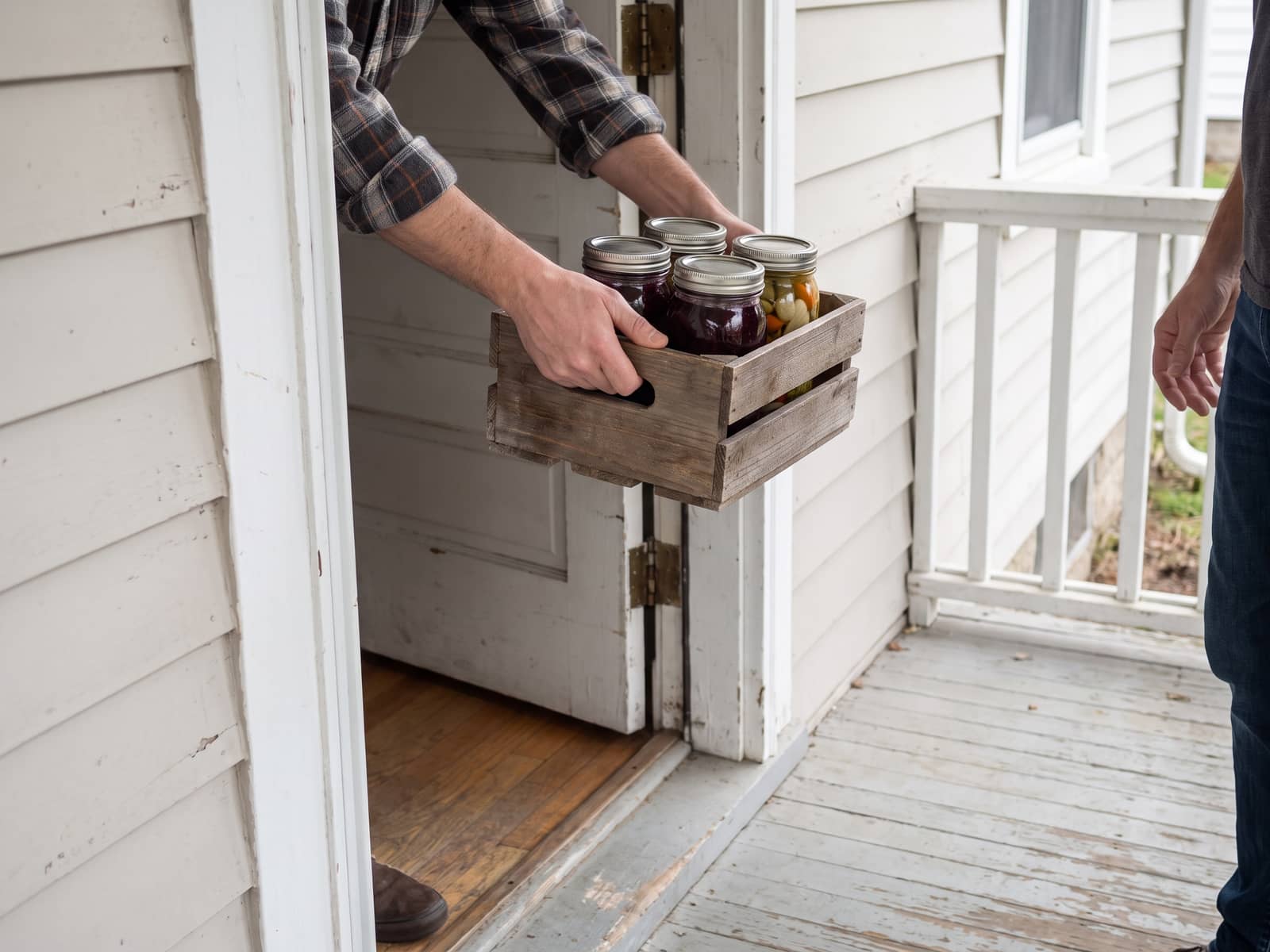 A wooden crate of four jars of jam and pickles handed across a front doorway to someone waiting on the porch