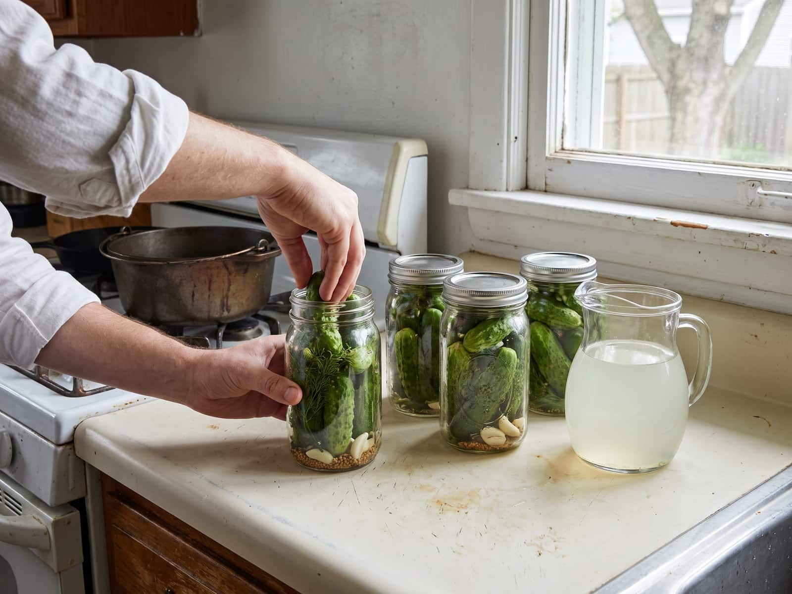 Hands pressing small cucumbers into a glass jar with dill, garlic and mustard seed, three sealed jars and a pitcher of brine beside it