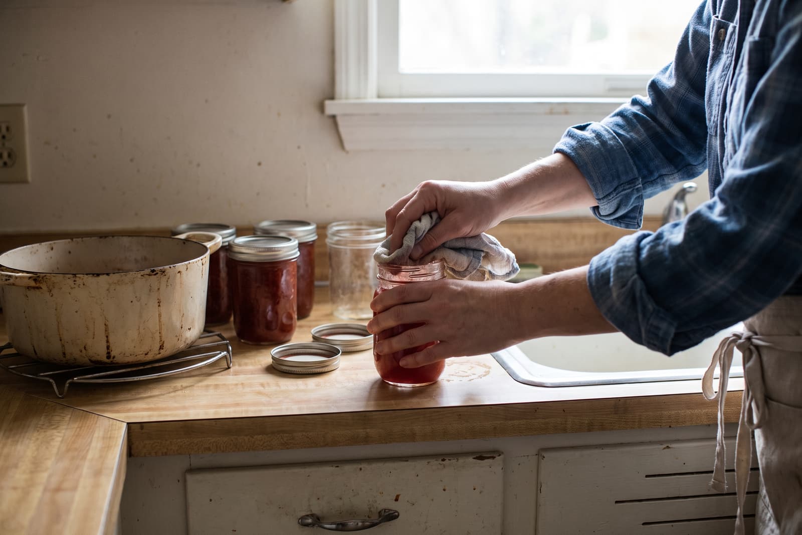 Hands wiping the rim of a just-filled jar of jam with a cloth at a butcher-block counter, filled jars and loose lids behind