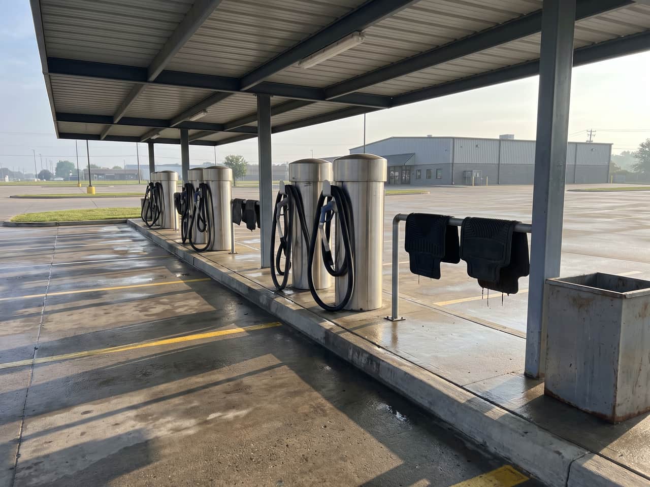 Row of self-serve vacuum stalls under the canopy, hoses coiled on stainless posts and two floor mats hung on the rail to drip